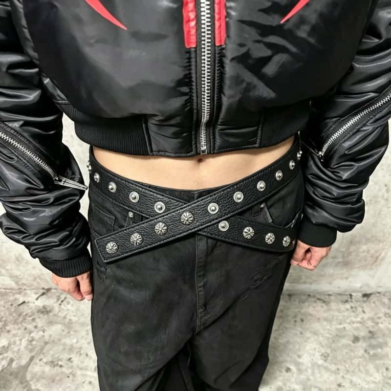 Chrome Hearts Black Pebbled Leather Belt Floral Studded No Buckle Belt