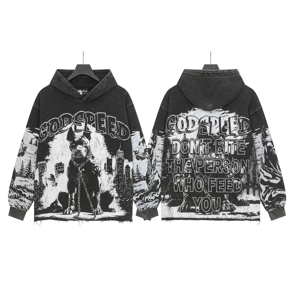 Godspeed Dog & City Graphic Raw-Hem Hoodie