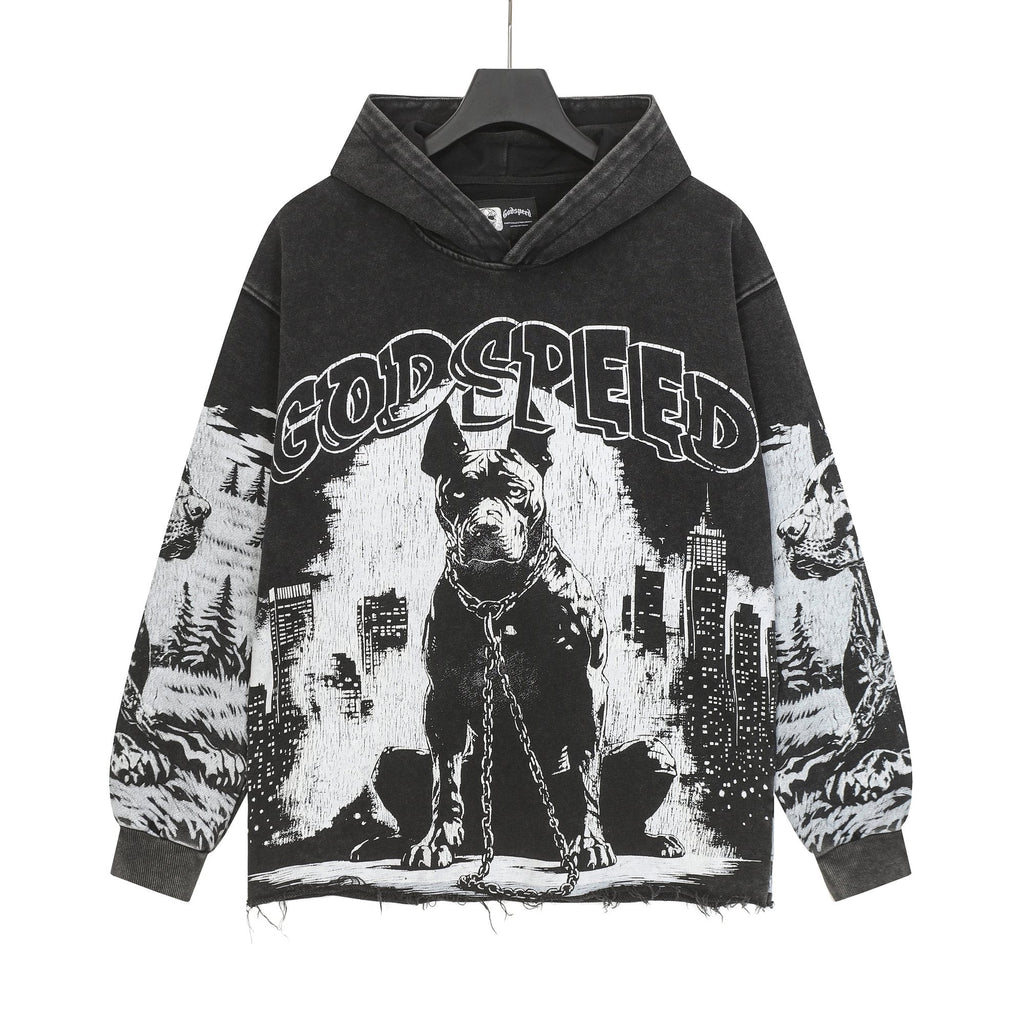 Godspeed Dog & City Graphic Raw-Hem Hoodie