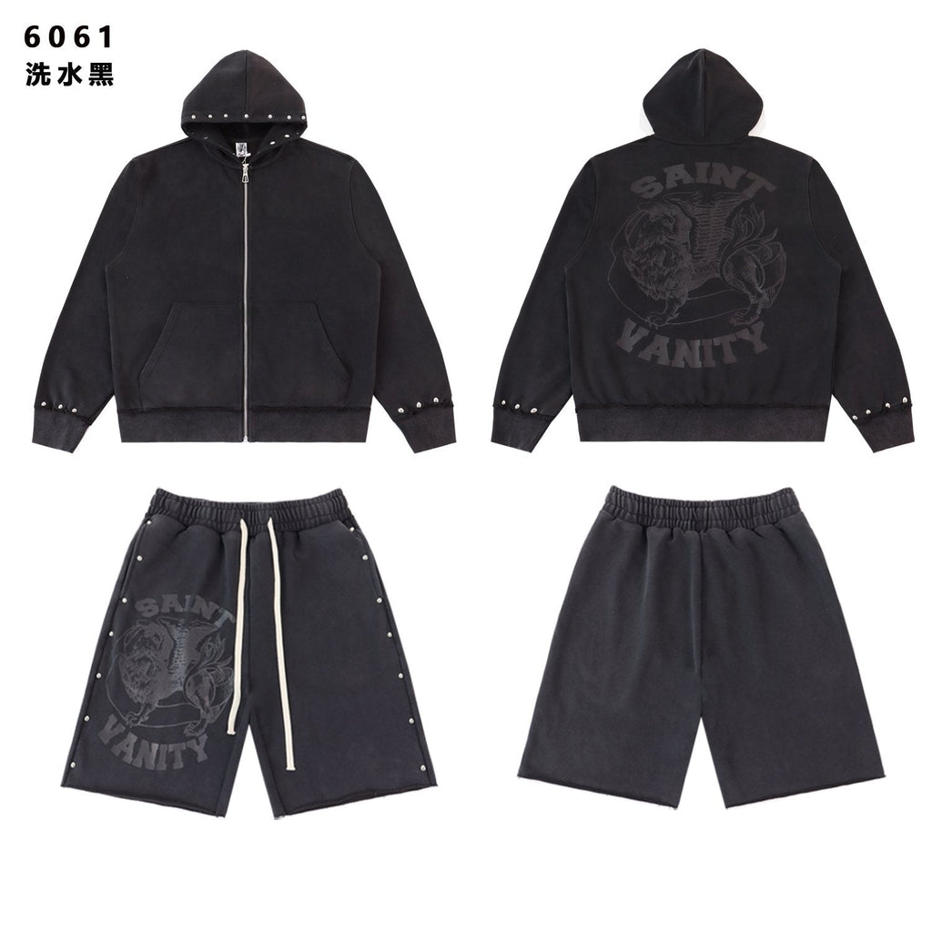SAINT Washed Animal Graphic Zip Hoodie & Shorts Set