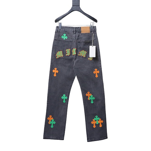 Chrome Hearts green and orange cross leather jeans