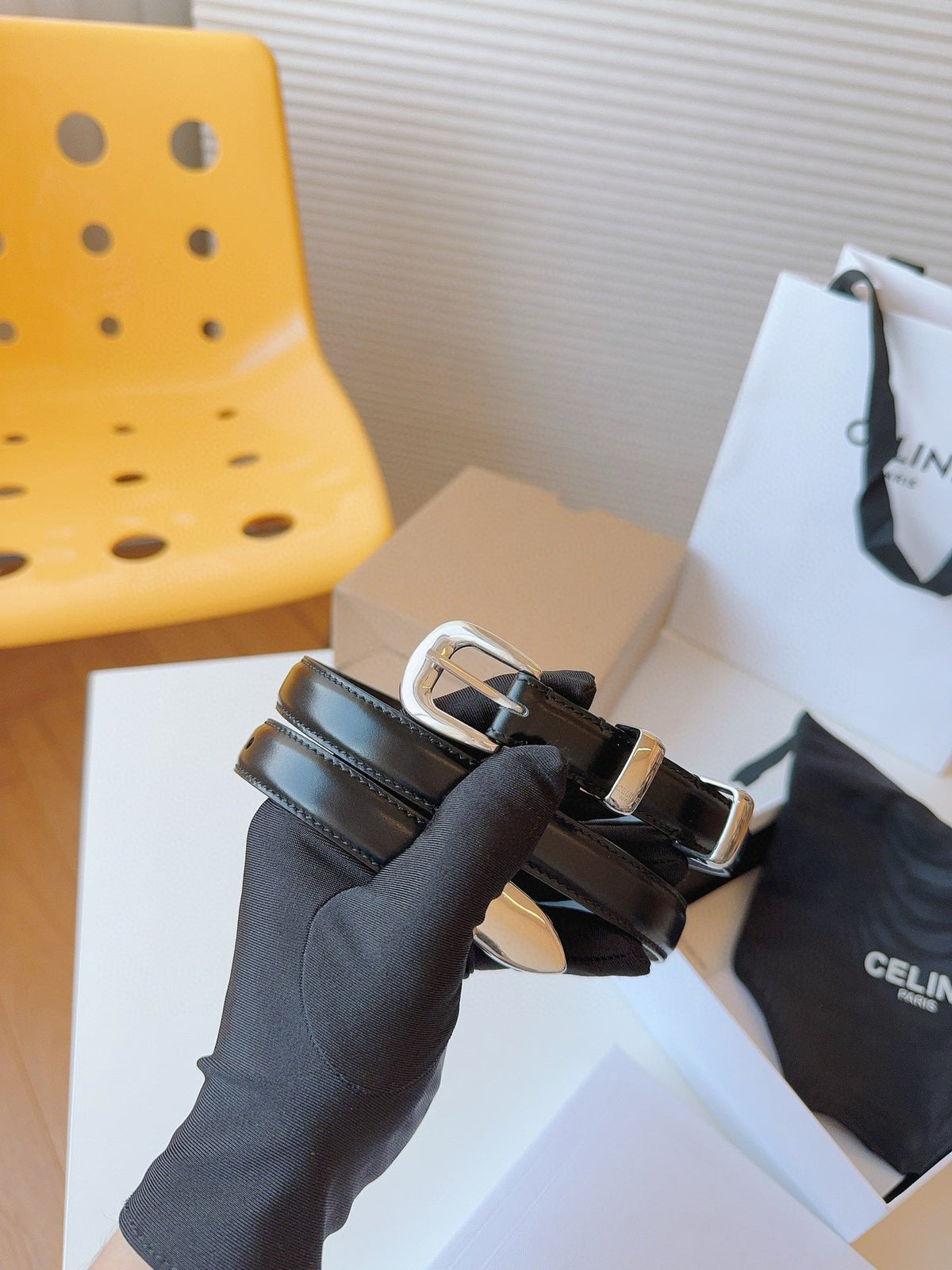 CELINE 25S SMALL 18MM WESTERN BELT IN BLACK CALFSKIN 566641