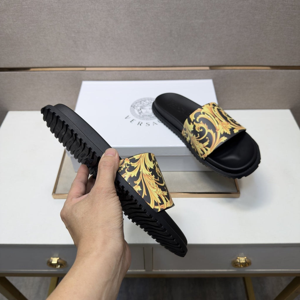 Versace Gold Patterned Strap Slide Sandals