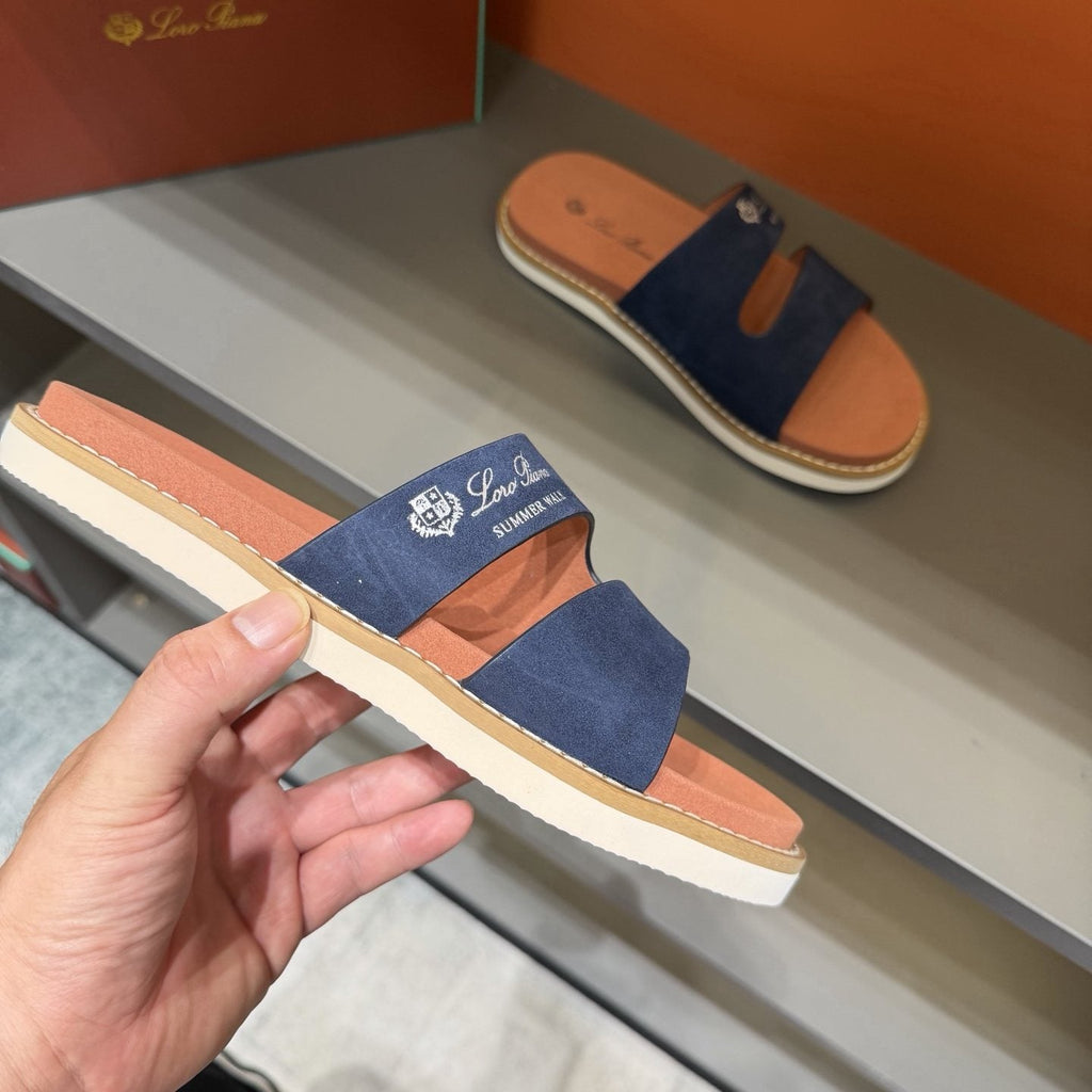 Loro Piana Navy Cutout Slide Sandals