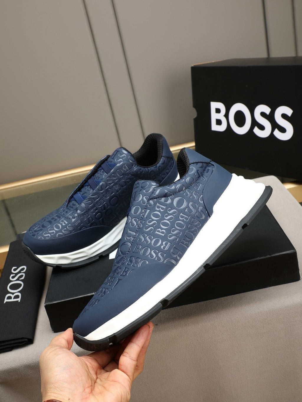 BOSS Navy Textured Slip-On Sneakers - Padded Collar