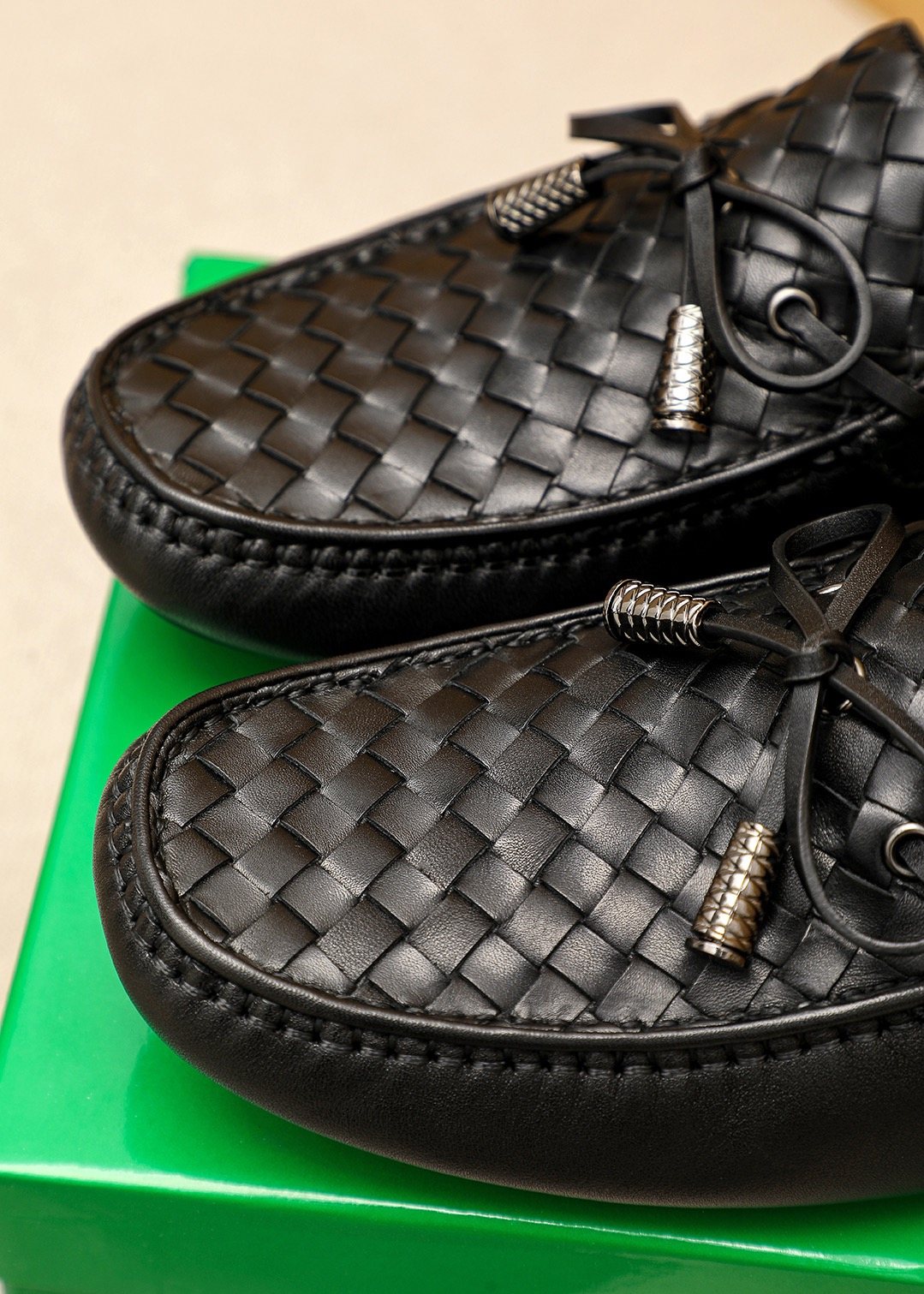 Bottega Veneta Black Woven Bow Loafers