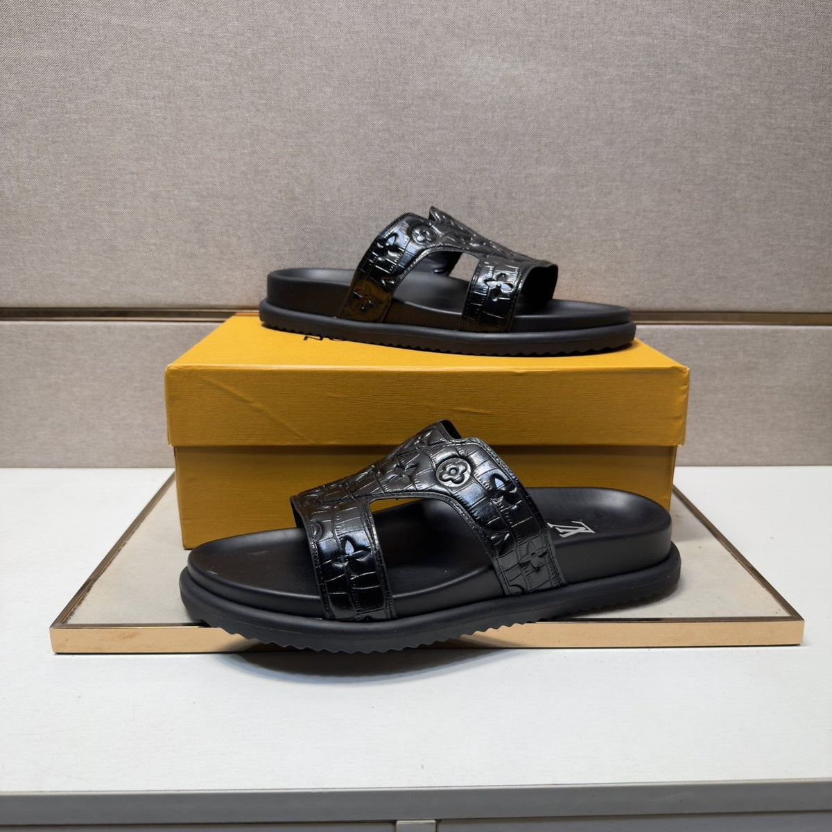 Louis Vuitton Men's Textured Monogram Slide Sandals